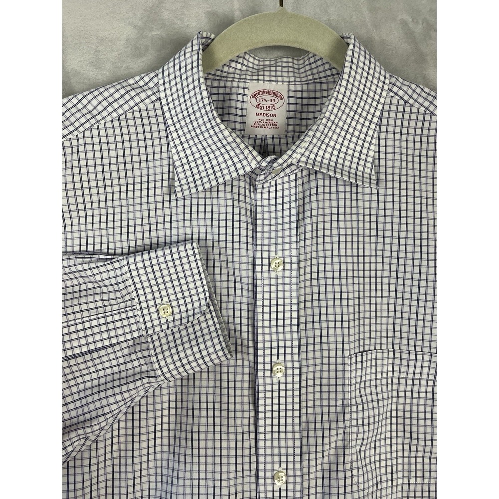 BROOKS BROTHERS Men's Dress Shirt 17 1/2-33 Check Purple Madison Fit Non-Iron